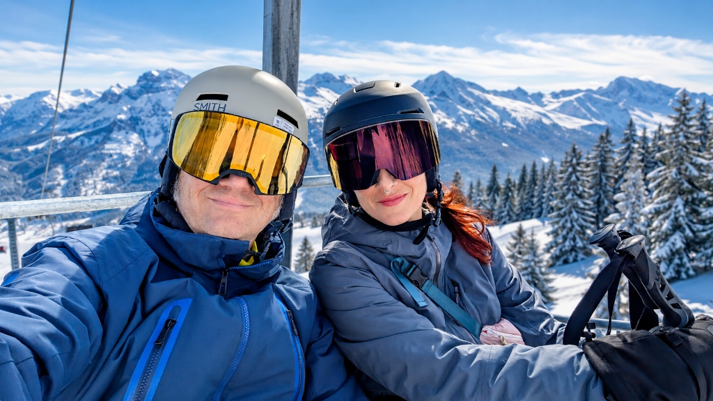 Andrea and his wife on a ski chairlift in the Lungau Alps