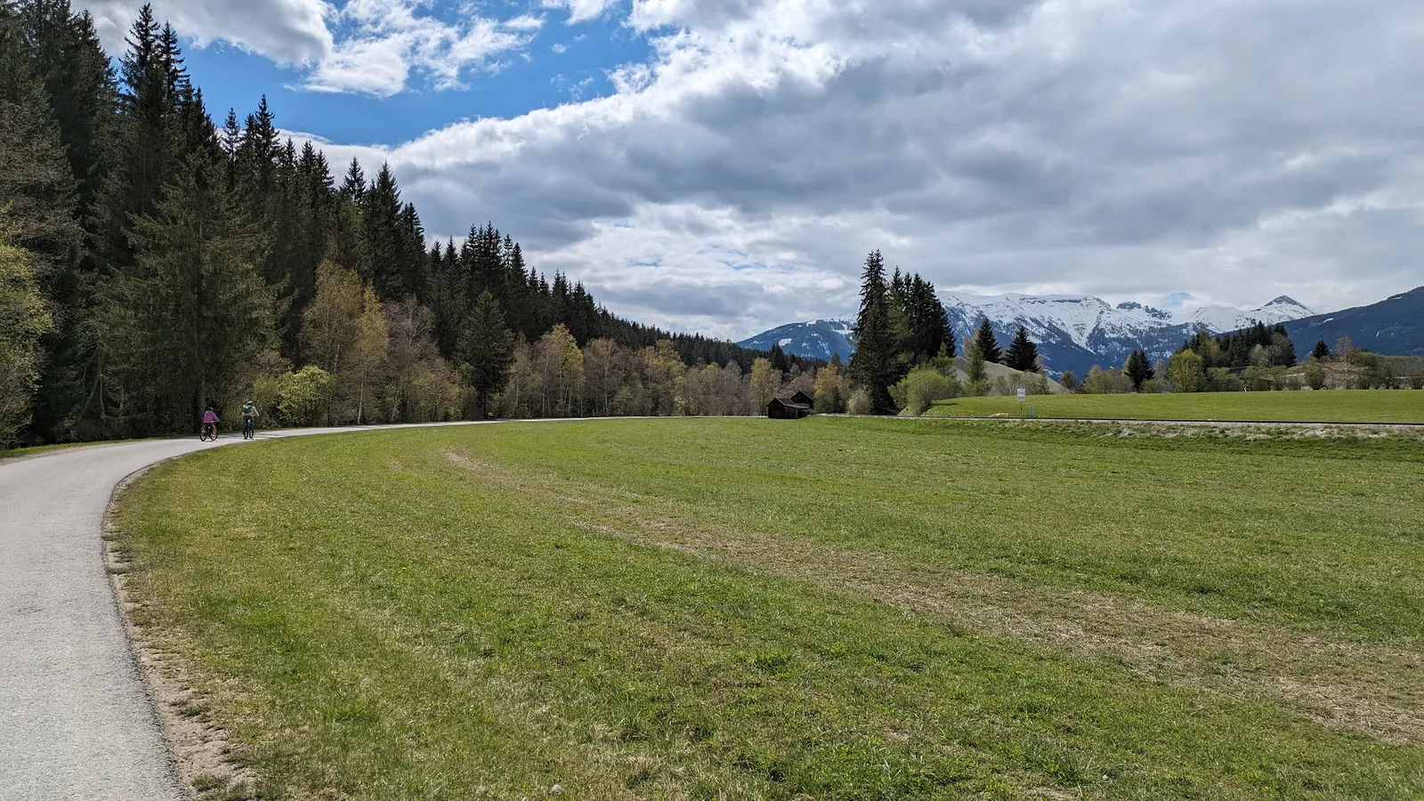 Green field with distant mountains and a curving country path