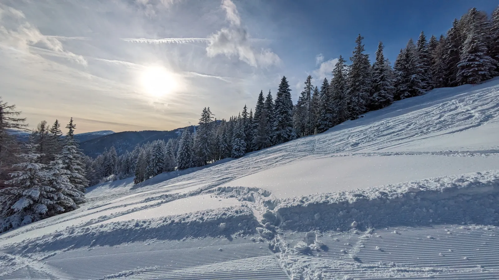 Snow trail through a bright winter forest landscape
